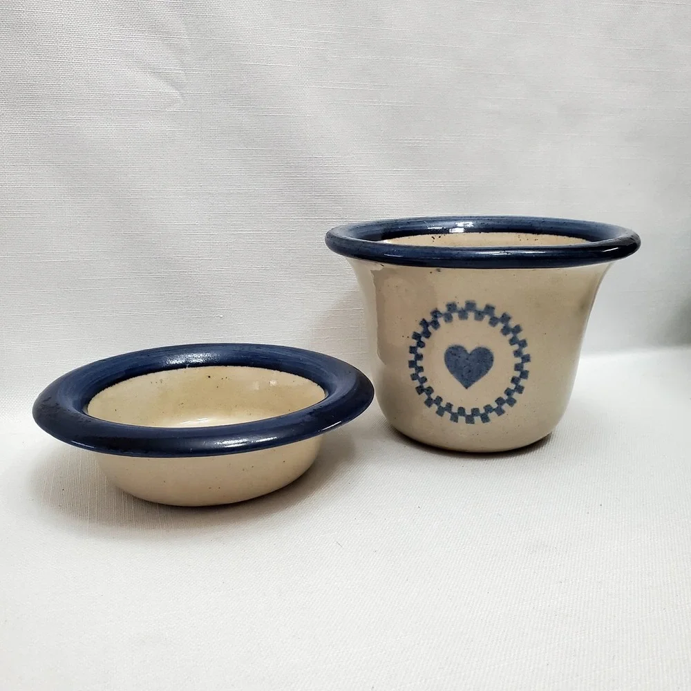 Vintage Cottagecore Farmhouse Blue‎ Heart Mini Crock Dip Warmer 1995 KS